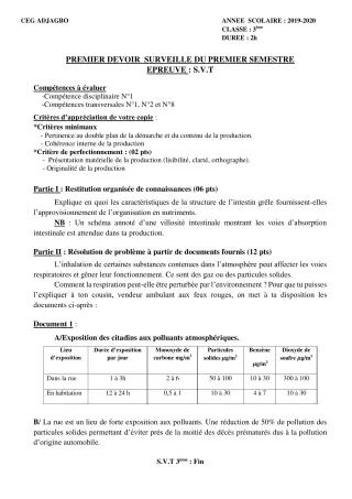 Première page de SVT 3e, 3e ML — 1er devoir surveillé, 1er semestre (2019-2020) · CEG ADJAGBO