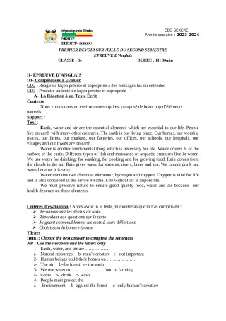 Première page de Anglais 5e — 1er devoir surveillé, 2e semestre (2023-2024) · CEG SEKERE