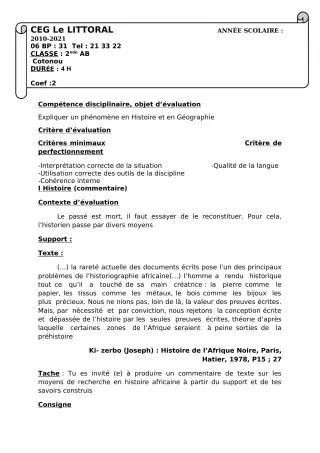 Première page de Devoir surveillé de HIST-GEO — 2nde A, 2nde A1, 2nde B, 2nde C, 2nde D — CEG Le Littoral (2020)