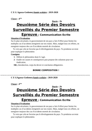 Première page de Français 4e, 4e ML — 2e devoir surveillé, 1er semestre (2019-2020) · CEG Agassa Godomey