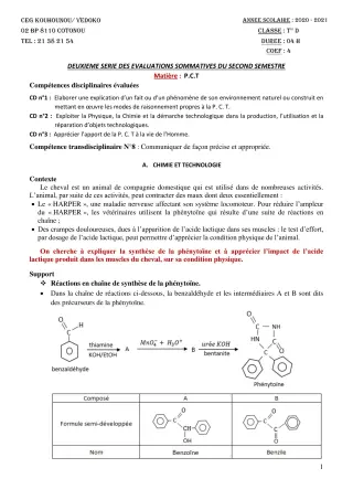 Première page de PCT Tle D — 2e évaluation sommative, 2e semestre (2020-2021) · CEG Kouhounou-Vêdoko