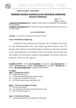 Première page de Allemand 4e ML — 1er devoir surveillé, 2e semestre (2019-2020) · CEG ADJOVICODJI 'LES OLIVIERS'