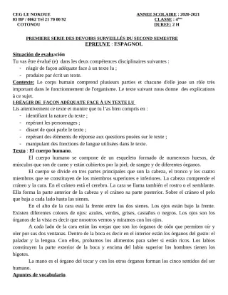 Première page de Espagnol 4e — 1er devoir surveillé, 2e semestre (2020-2021) · CEG LE NOKOUE
