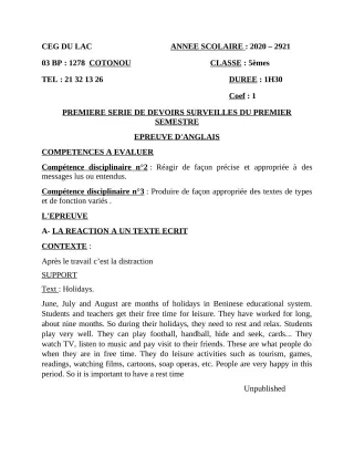 Première page de Anglais 5e — 1er devoir surveillé, 1er semestre (2020-2021) · CEG du Lac