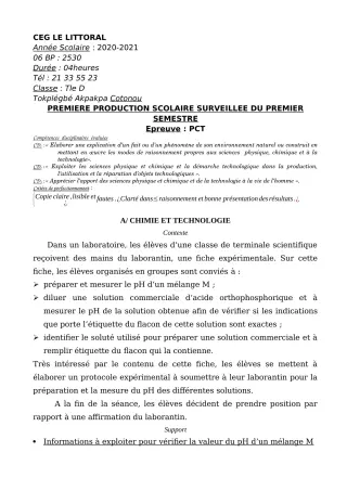 Première page de PCT Tle D — 1re production scolaire, 1er semestre (2020-2021) · CEG Le Littoral
