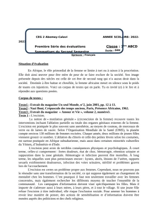 Première page de Français 1ère A & B — 1re évaluation sommative, 2e semestre (2022-2023) · CEG2 ABOMEY - CALAVI (CEG ZOCA)