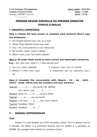 Première page de Anglais 2nde EFS, 2nde HR, 2nde TOURISME, 1ère EFS, 1ère HR, 1ère TOURISME, Tle EFS, Tle HR, Tle TOURISME, 1NI Cuisine, 2NI Cuisine, 3NI Cuisine — 1er devoir surveillé, 1er semestre (2019-2020) · LT E