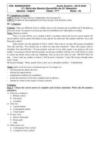 Première page de Anglais 4e ML&MC — 1er devoir surveillé, 2e semestre (2019-2020) · CEG MAREGOUROU