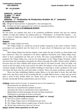Première page de Anglais 1ère A2, 1ère B, 1ère C, 1ère D — 1re production scolaire, 1er semestre (2019-2020) · CEG SEHOUE