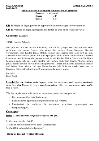 Première page de Allemand 4e ML, 3e ML, 2nde A, 2nde A1, 1ère A, 1ère A1, 1ère A2, Tle A1, Tle A2 — 2e devoir surveillé, 2e semestre (2019-2020) · CEG1 APLAHOUE