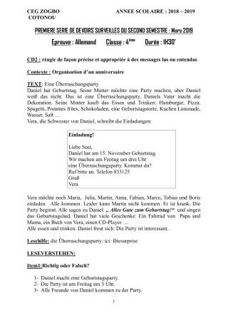 Première page de Allemand 4e ML — 1er devoir surveillé, 2e semestre (2018-2019) · CEG ZOGBO