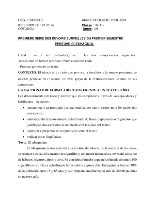 Première page de Espagnol Tle A1, Tle A2, Tle B — 1er devoir surveillé, 1er semestre (2020-2021) · CEG LE NOKOUE