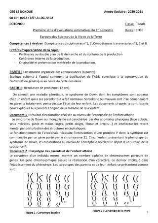 Première page de SVT Tle A1, Tle A2, Tle B — Évaluation sommative, 1er semestre (2020-2021) · CEG LE NOKOUE