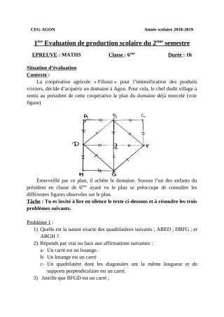Première page de Mathématiques 6e — 1re production scolaire, 2e semestre (2018-2019) · CEG Agon