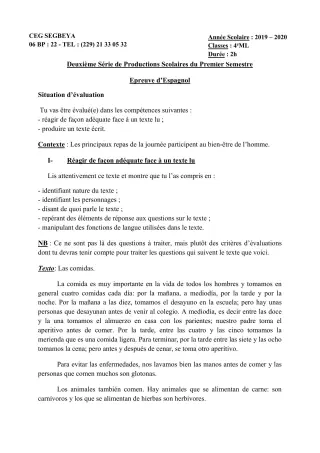 Première page de Espagnol 4e ML — 2e production scolaire, 1er semestre (2019-2020) · CEG SEGBEYA