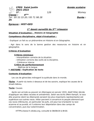 Première page de Histoire-Géographie 5e, 4e — 1er devoir surveillé, 3e trimestre (2021-2022) · CPEG SAINT Justin