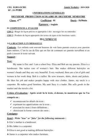 Première page de Anglais 6e — 2e production scolaire, 2e semestre (2019-2020) · CEG Igbo-ocho
