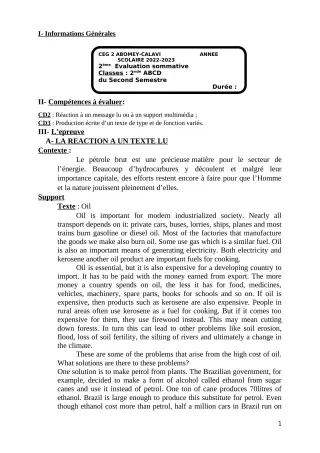 Première page de Anglais 2nde A & B — 2e évaluation sommative, 2e semestre (2022-2023) · CEG2 ABOMEY - CALAVI (CEG ZOCA)