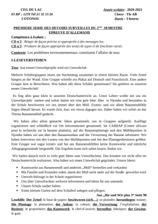Première page de Allemand Tle A2, Tle B — 1er devoir surveillé, 2e semestre (2020-2021) · CEG du Lac