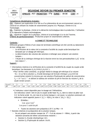 Première page de PCT Tle D — 2e devoir surveillé, 1er semestre (2019-2020) · CEG 2 Djougou