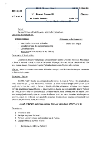 Première page de Histoire-Géographie 2nde A, 2nde B — 1er devoir surveillé, 1er semestre (2018-2019) · CEG2 ABOMEY - CALAVI (CEG ZOCA)