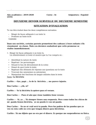 Première page de Espagnol 3e ML — 2e devoir surveillé, 2e semestre (2019-2020) · CEG ADJOVICODJI 'LES OLIVIERS'