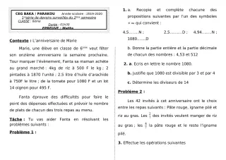 Première page de Mathématiques 6e — 1er devoir surveillé, 2e semestre (2019-2020) · CEG BAKA