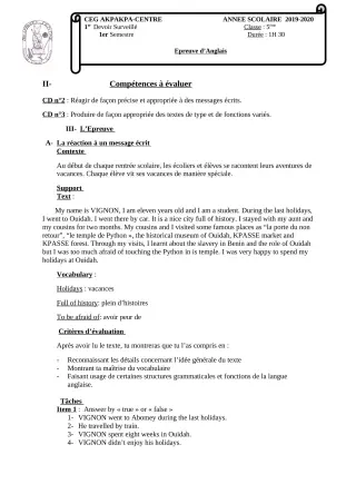 Première page de Anglais 5e — 1er devoir surveillé, 1er semestre (2019-2020) · CEG 1 Akpakpa-Centre