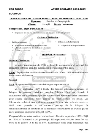 Première page de Histoire-Géographie 3e, 3e ML, Tle A1, Tle A2 — 2e devoir surveillé, 1er semestre (2018-2019) · CEG ZOGBO