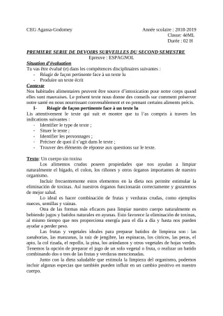 Première page de Espagnol 4e ML — 1er devoir surveillé, 2e semestre (2018-2019) · CEG Agassa Godomey