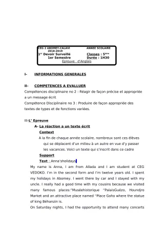 Première page de Anglais 5e — 1er devoir surveillé, 1er semestre (2018-2019) · CEG2 ABOMEY - CALAVI (CEG ZOCA)
