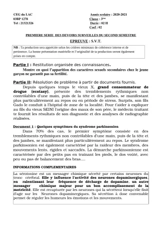 Première page de SVT 3e, 3e ML — 1er devoir surveillé, 2e semestre (2020-2021) · CEG du Lac
