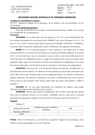 Première page de PCT 5e — 2e devoir surveillé, 1er semestre (2019-2020) · CEG ZOGBO