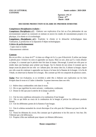 Première page de PCT 6e — 2e production scolaire, 1er semestre (2019-2020) · CEG Le Littoral