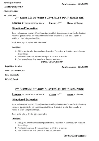 Première page de Français 5e — 2e devoir surveillé, 1er semestre (2018-2019) · CEG SONSORO