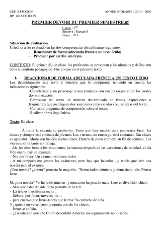 Première page de Espagnol 2nde A & B, 2nde A1, 2nde A2, 2nde B — 1er devoir surveillé, 1er semestre (2019-2020) · CEG Attogon