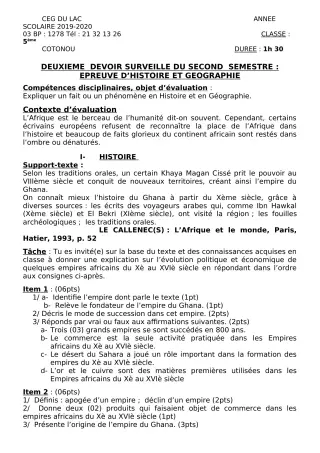 Première page de Histoire-Géographie 5e — 2e devoir surveillé, 2e semestre (2019-2020) · CEG du Lac