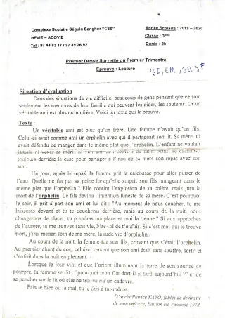 Première page de Français 3e, 3e ML — 1er devoir surveillé, 1er trimestre (2019-2020) · CPEG SEGUIN SENGHOR