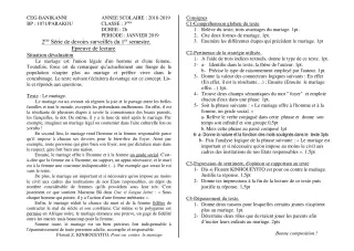 Première page de Français 3e, 3e ML — Devoir surveillé, 1er semestre (2018-2019) · CEG Banikanni