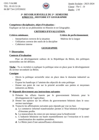 Première page de Histoire-Géographie Tle C, Tle D — 1er devoir surveillé, 1er semestre (2023-2024) · CEG Yagbe