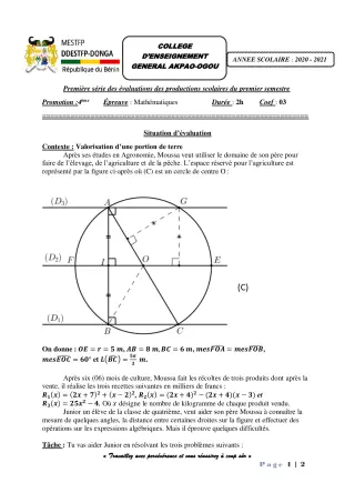 Première page de Mathématiques 4e — Production scolaire, 1er semestre (2020-2021) · CEG Akpao-Ogou