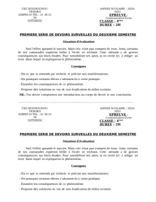 Première page de Français 4e — 1er devoir surveillé, 2e semestre (2020-2021) · CEG Kouhounou-Vêdoko