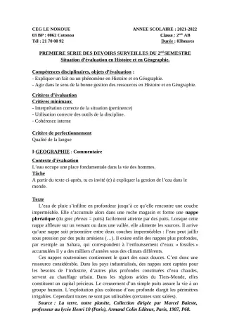 Première page de Histoire-Géographie 2nde A1, 2nde A2, 2nde B — 1er devoir surveillé, 2e semestre (2021-2022) · CEG LE NOKOUE