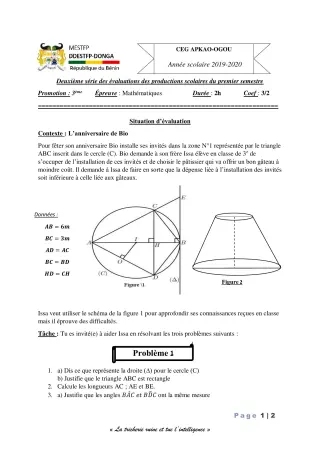 Première page de Mathématiques 6e, 5e, 4e, 4e ML, 3e, 3e ML — Production scolaire, 1er semestre (2019-2020) · CEG Akpao-Ogou