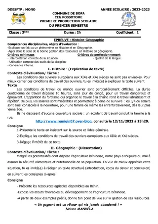 Première page de Histoire-Géographie 3e — 1re production scolaire, 1er semestre (2022-2023) · CEG POSSOTOME