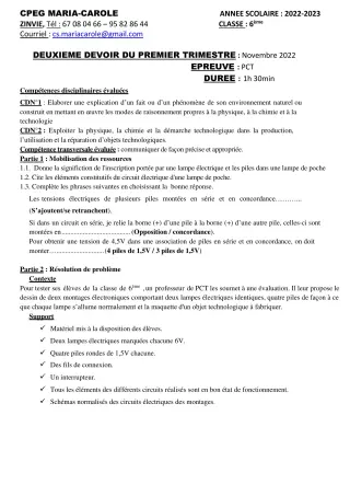Première page de PCT 6e — 2e devoir surveillé, 1er trimestre (2022-2023) · CPEG MARIA-CAROLE