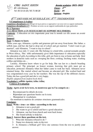 Première page de Anglais 4e — 2e devoir surveillé, 3e trimestre (2021-2022) · CPEG SAINT Justin