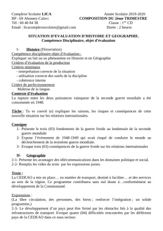 Première page de Histoire-Géographie 1ère A2, 1ère B, 1ère C, 1ère D — 1re composition, 2e trimestre (2019-2020) · CPEG LICA