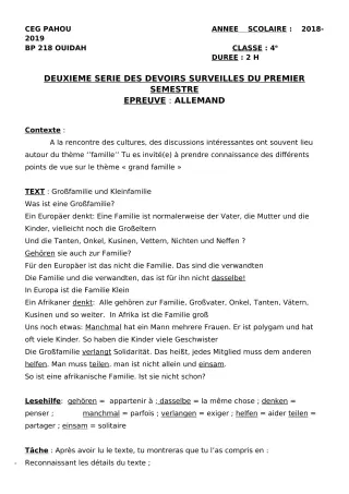 Première page de Allemand 4e ML — 2e devoir surveillé, 1er semestre (2018-2019) · CEG PAHOU