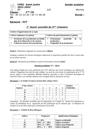 Première page de SVT 2nde A2, 2nde B, 2nde D — 1er devoir surveillé, 3e trimestre (2021-2022) · CPEG SAINT Justin